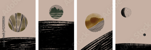 Set of abstract wall art with watercolor stain and hand drawn scribble circle. Line art elements, colorful spots. Earth illustration. Minimalist landscape with sun for cover, poster, placard, template