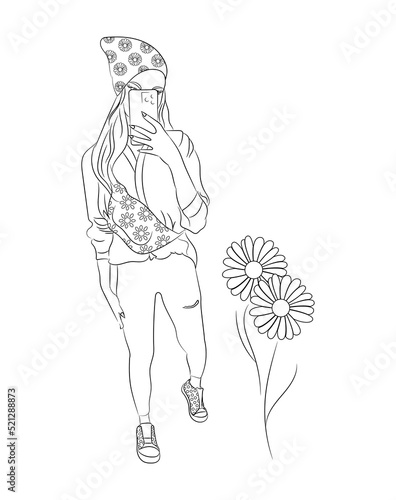 Anti stress coloring book for children and adults. Girl taking selfie and flowers. Coloring page isolated on white background.