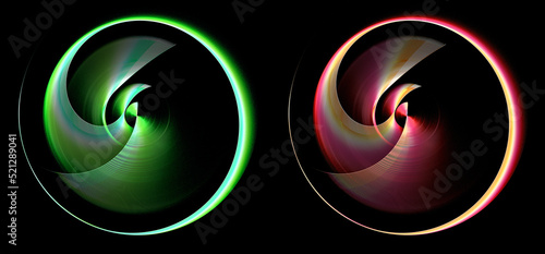 Abstract propellers with red and green blades rotate on a black background. Icon, logo, symbol, sign. Set of graphic design elements. 3d illustration. 3d rendering.