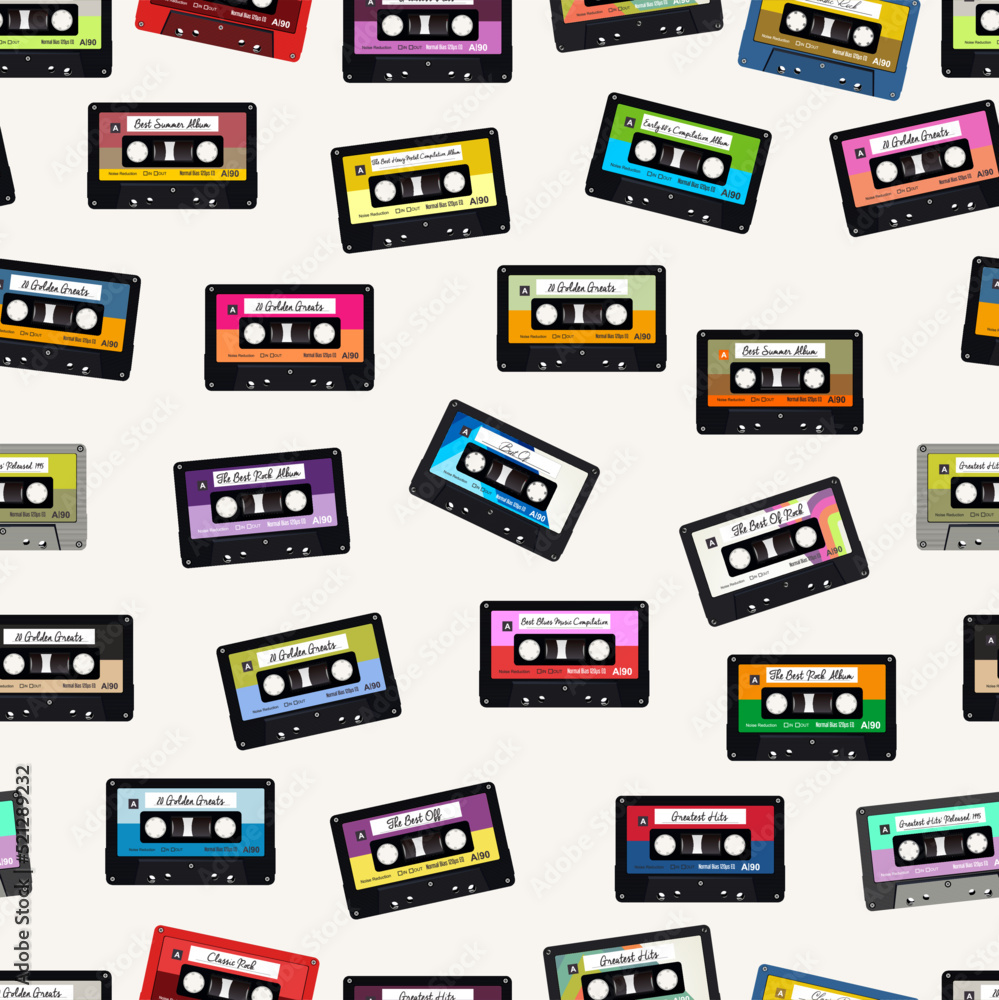 Retro Old colorful  audio cassettes seamless background 