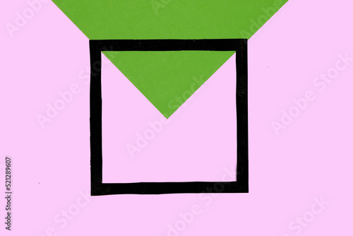 green pink envelope, creative idea, black frame as copy space, minimal design 