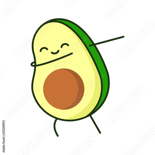 Avocado dabbing. Cute cartoon character avocado smiling. Happy dab dance. T shirt, sticker, greeting card design element. Healthy food concept. Celebration idea. Vector illustration, flat, clip art. 