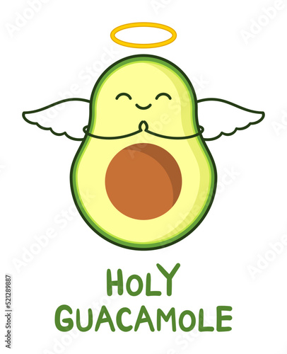 Holy Guacamole. Avocado Pun. Cute avocado with angel wings and Holy Guacamole text. Healthy food concept. Adorable cartoon character praying. T shirt design element. Vector illustration, flat clip art