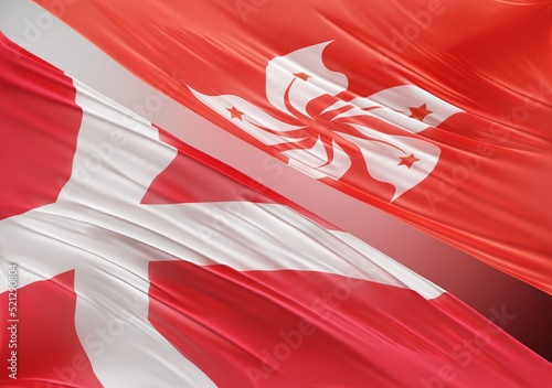 Abstract Denmark Flag  next to Hong-Kong Flag 3D Render 3D Artwork 
