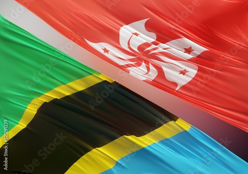Photography Abstract Tanzania Flag, next to Hong-Kong Flag 3D Render(3D Artwork)