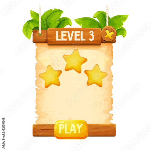 Wood planks with parchment paper in cartoon style, level achievement game screen Win golden stars isolated on white background. Frame, medieval panel, menu. Empty gui asset, signboard.