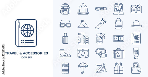 Travel and vacation Accessories outline icon set