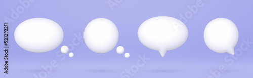 3d speech bubbles set, realistic white chat dialogue quotes, social media communication elements isolated on purple background. Vector illustration.