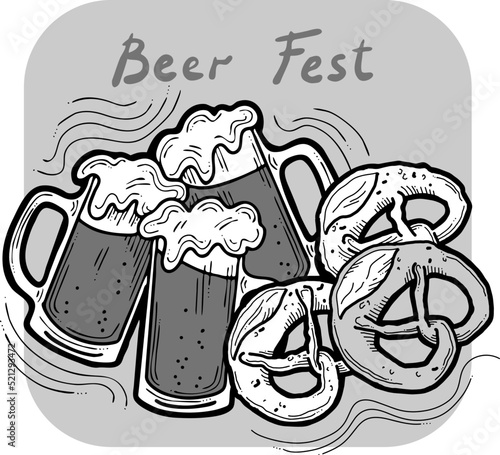 Beer and brezel for Octoberfest decoration, invitation, celebration, print, poster, menu. Food and drink. Autumn festival from Germany, Munich. Hand drawn illustration. Cartoon style vector drawing.