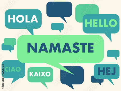 Indian greeting illustration. Speech bubbles with greetings in different languages. From left to right: Spanish, English, Indian, Ciao, Basque, Swedish. Learn hindi. 