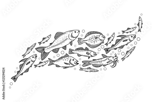 Fish wave composition. Decorative flock of fish. Vector illustration of school of fish