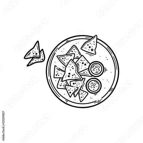 Vector illustration of Mexican corn chips nachos with salsa dip in doodle style. Sketch tortilla chips