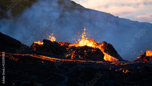 Lava flowing from an volcanic eruption in the Fagradalsfjall volcano, Southwest Iceland, on August 3rd 2022.