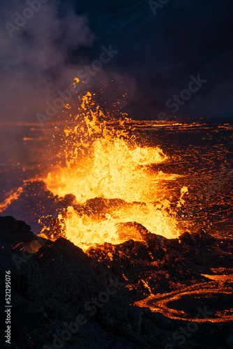 Lava flowing from an volcanic eruption in the Fagradalsfjall volcano  Southwest Iceland  on August 3rd 2022.