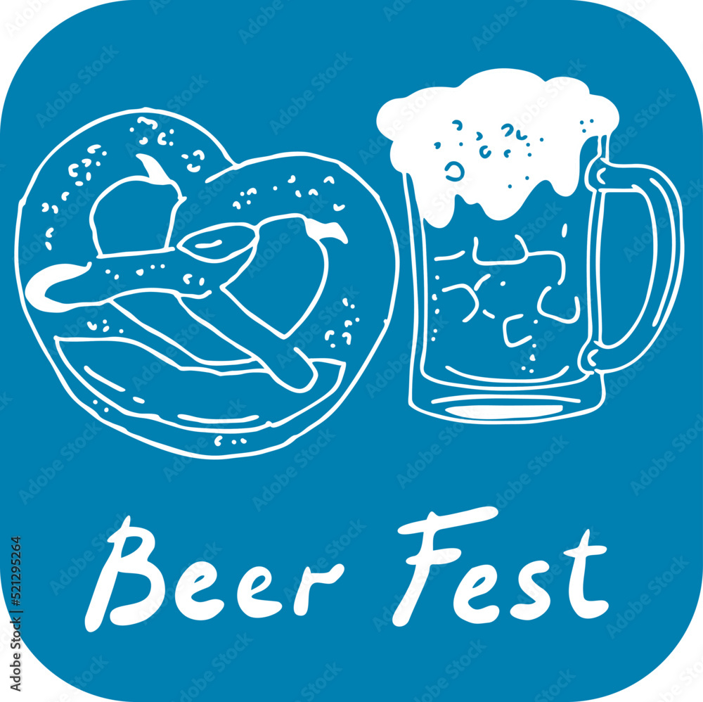 Naklejka premium Beer and brezel for Octoberfest decoration, invitation, celebration, print, poster, menu. Food and drink autumn festival from Germany, Munich. Hand drawn illustration. Chalkboard style vector drawing.