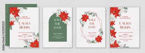 Christmas Party wreath poinsettia, pine branch fir tree, needle, flower bouquet.