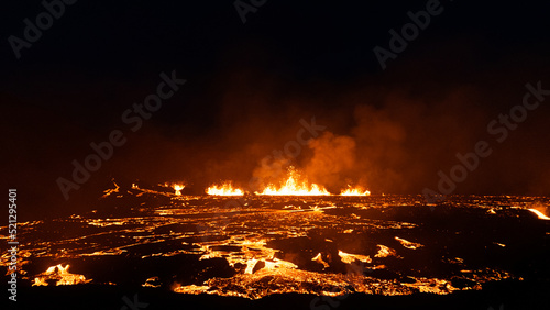 Lava flowing from an volcanic eruption in the Fagradalsfjall volcano, Southwest Iceland, on August 3rd 2022.