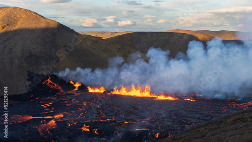 Lava flowing from an volcanic eruption in the Fagradalsfjall volcano  Southwest Iceland  on August 3rd 2022.