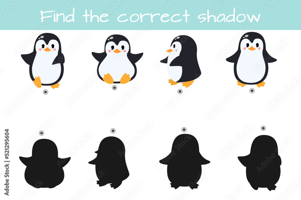 Obraz premium Find correct shadow. Kids educational logic game. Cute funny penguins. Vector illustration isolated on white background.