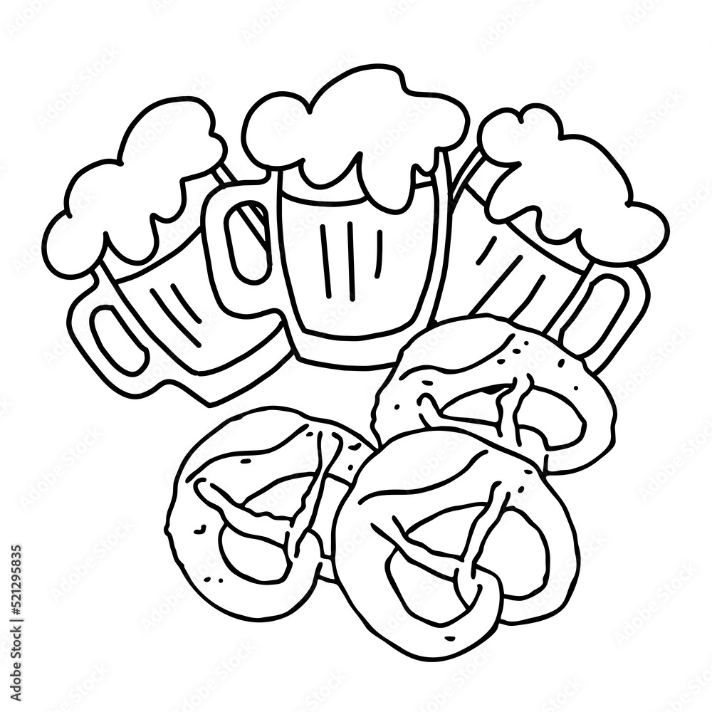 Beer and brezel for Octoberfest decoration, invitation, celebration, print, poster, menu. Food and drink. Autumn festival from Germany, Munich. Hand drawn illustration. Cartoon style drawing. Beer and brezel for Octoberfest decoration, invitation, celebration, print, poster, menu. Food and drink. Autumn festival from Germany, Munich. Hand drawn illustration. Cartoon style drawing.