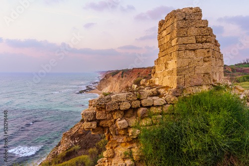 Sunset, crusader fortress and Mediterranean Sea, Apollonia National Park photo