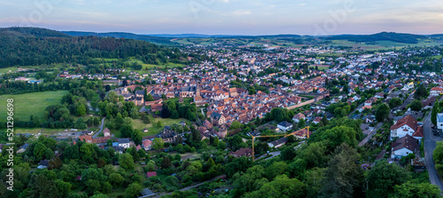 Aerial view of an old town Büdingen in Germany on a sunny afternoon in spring
