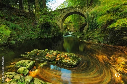 Foley's Bridge over the Shimna River with mossy stones in the foreground in Northern Ireland, UK photo