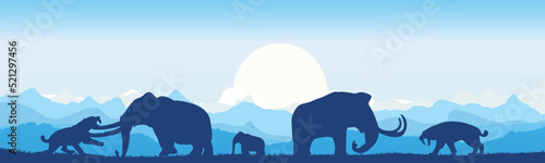 Mammoths protect their baby from a saber-toothed tiger. Fight of prehistoric animals. Panorama. Ancient animal. Snow landscape. Vector © Евгений Соловьев