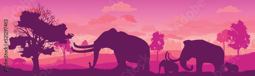 Mammoth family. A flock of prehistoric elephants in a beautiful landscape. Giant animal of the Jurassic period. Prehistoric mammoth and cub on a plain with fir trees and grass. vector illustration