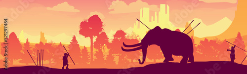 Panorama primitive people hunt mammoth with spears. Beautiful landscape. Vector