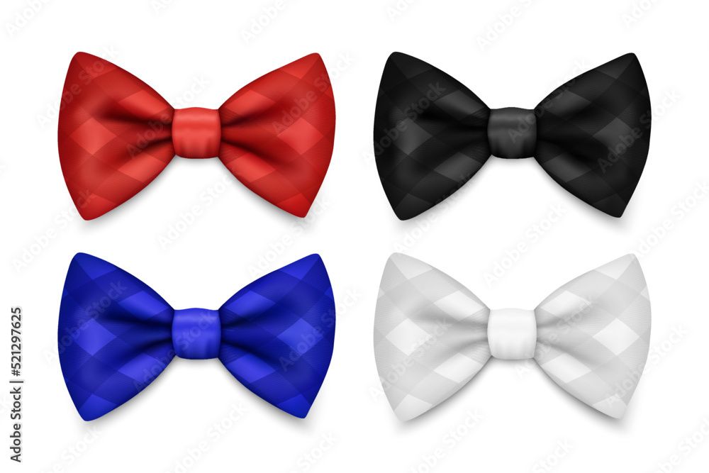 Vector 3d Realistic Checkered Black, White, Red, Blue Bow Tie Icon Set Isolated. Silk Glossy Bowtie, Tie Gentleman. Mockup, Design Template. Bow Tie for Man. Mens Fashion, Father's Day Holiday