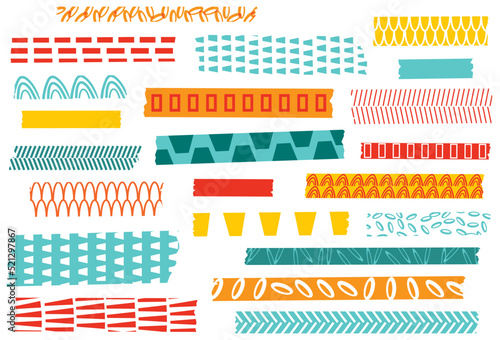 Graphic washi tape strips. Masking or adhesive tape strips, stickers or labels. EPS file has global colors for easy color changes and semitransparent tape strips. Aqua, orange, red, yellow. 
