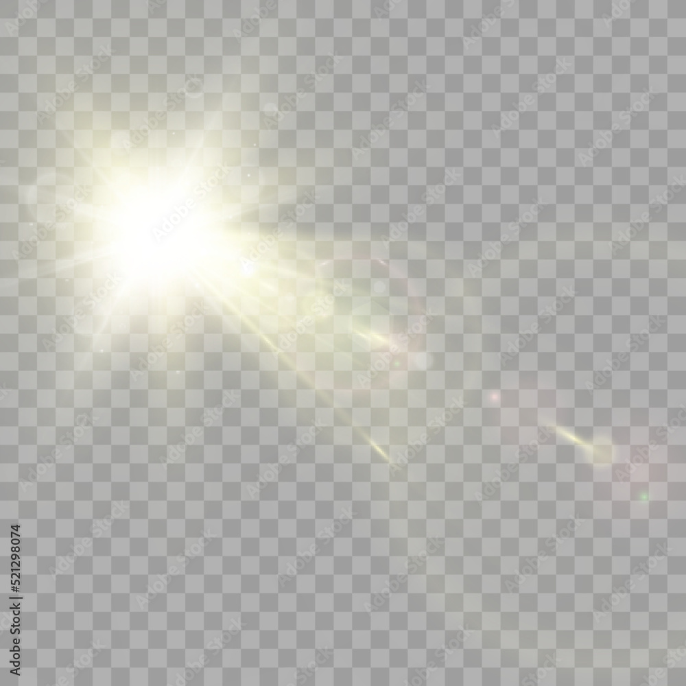 Fototapeta premium Glow isolated light effect set, lens flare, explosion, glitter, line, sun flash and stars. Abstract special effect element design. Shine ray with lightning