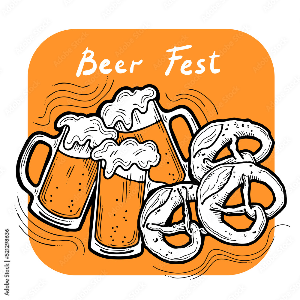 Naklejka premium Beer and brezel for Octoberfest decoration, invitation, celebration, print, poster, menu. Food and drink. Autumn festival from Germany, Munich. Hand drawn illustration. Cartoon style drawing.