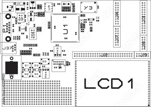 Vector assembly drawing of a printed circuit board of an electronic device. Placement of components on the board. Seats, transition holes and metallized contact pads of radio components.