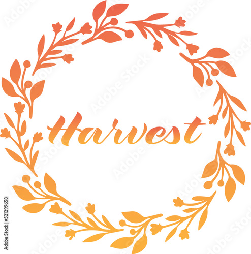 Vector illustration of Harvest lettering label - with brunches and leaves