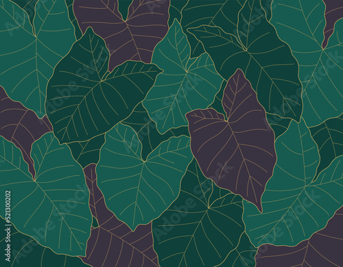 Tropical Leaf Pattern Vector Scalable Strokes Taro Elephant Ears Green Purple Blue Gold Line Art Background