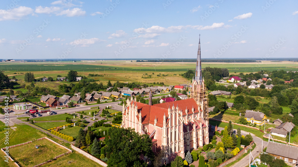 Church of the Holy Trinity is a Catholic church in the agro-town Gervyaty, Belarus. Aerial view.