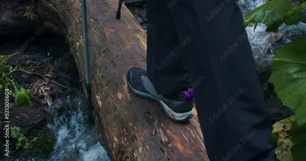 Woman hiker foot with nordic or trekking poles go throuth river creek on dried tree, female solo trekking in the mountain. Low angle view Woman hiker foot with nordic or trekking poles go throuth river creek on dried tree, female solo trekking in the mountain. Low angle view