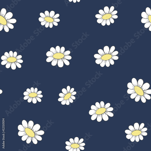 Seamless floral pattern based on traditional folk art ornaments. Colorful chamomile  daisy flowers on color background. Doodle style. Vector illustration. Simple minimalistic pattern