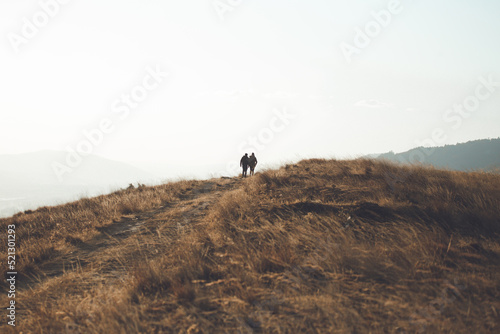 Photo of couple walking at sunset. Concept of travel, couples and tourism.