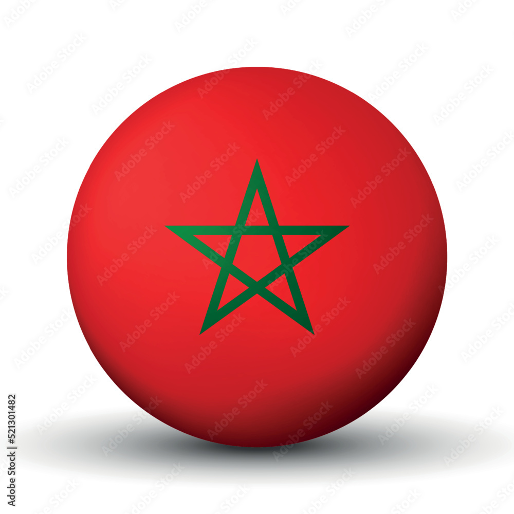 Glass light ball with flag of Morocco. Round sphere, template icon. Moroccan national symbol. Glossy realistic ball, 3D abstract vector illustration highlighted on a white background. Big bubble Glass light ball with flag of Morocco. Round sphere, template icon. Moroccan national symbol. Glossy realistic ball, 3D abstract vector illustration highlighted on a white background. Big bubble