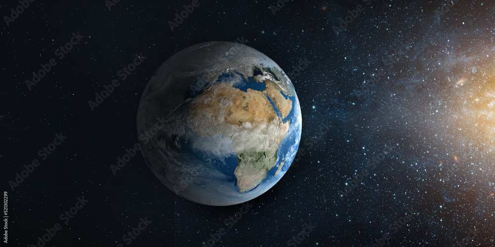 Panoramic view of the Earth, sun, star and galaxy. Sunrise over planet Earth, view from space. Elements of this image furnished by NASA