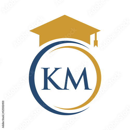 Letter KM Education Logo Concept With Educational Graduation Hat Vector Template