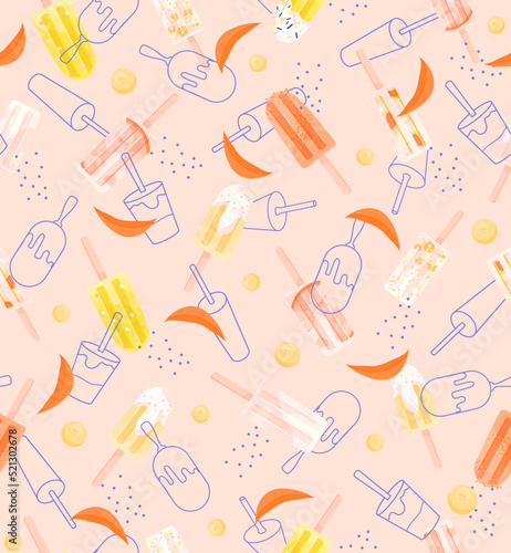 Ice cream bar popsicle seamless pattern on pink background. Summer dessert with blue line illustration for web, site, advertising, banner, poster, board and print