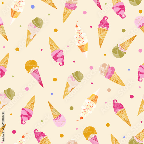 Cute Ice cream waffle cone vector seamless pattern. Summer frozen dessert illustration or web, site, advertising, banner, poster, board and print