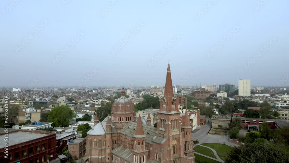 Sacred Heart Cathedral, Lahore aerial view by descending drone Stock