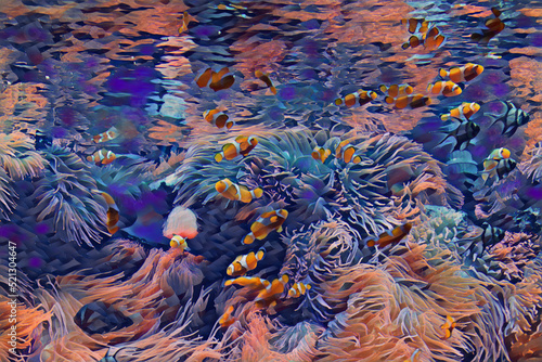 Large aquarium saltwater tank with bright, vibrant colors, Clown Fish, and other corral fish. Edited to look like a colorful painting. 