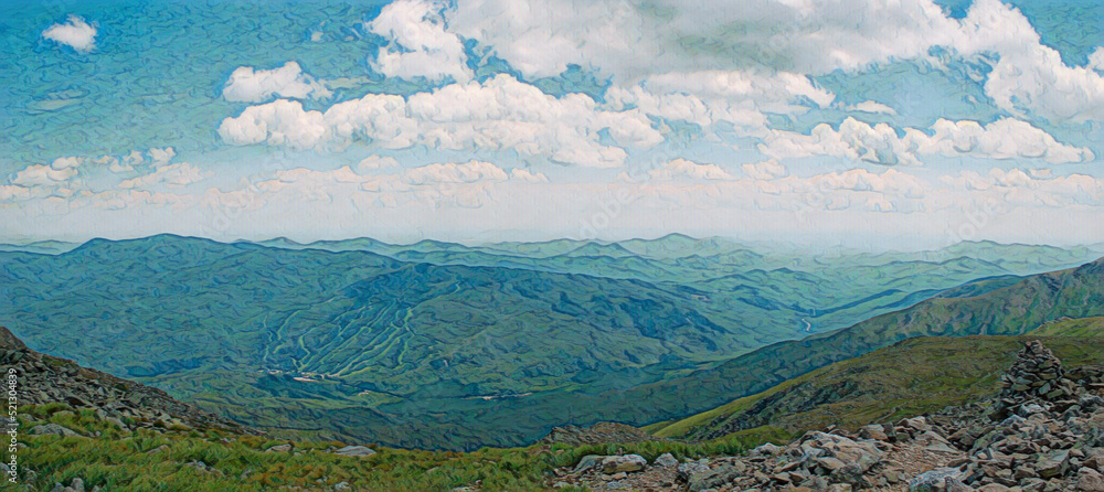 Wide angle view from the top of Mount Washington, New Hampshire.  Image was been edited to mimic a painting. 