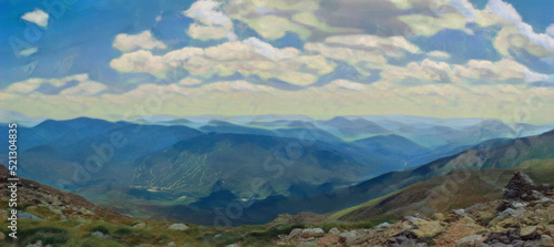 Wide angle view from the top of Mount Washington, New Hampshire.  Image was been edited to mimic a painting.  © JMP Traveler